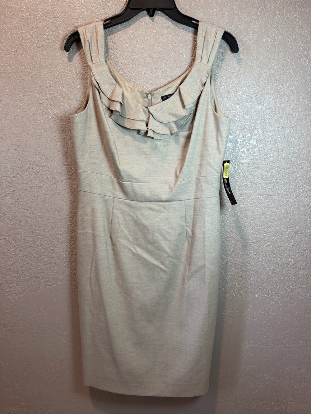 ANTONIO MELANI Cream Ruffle-Neck Midi Sheath Dress